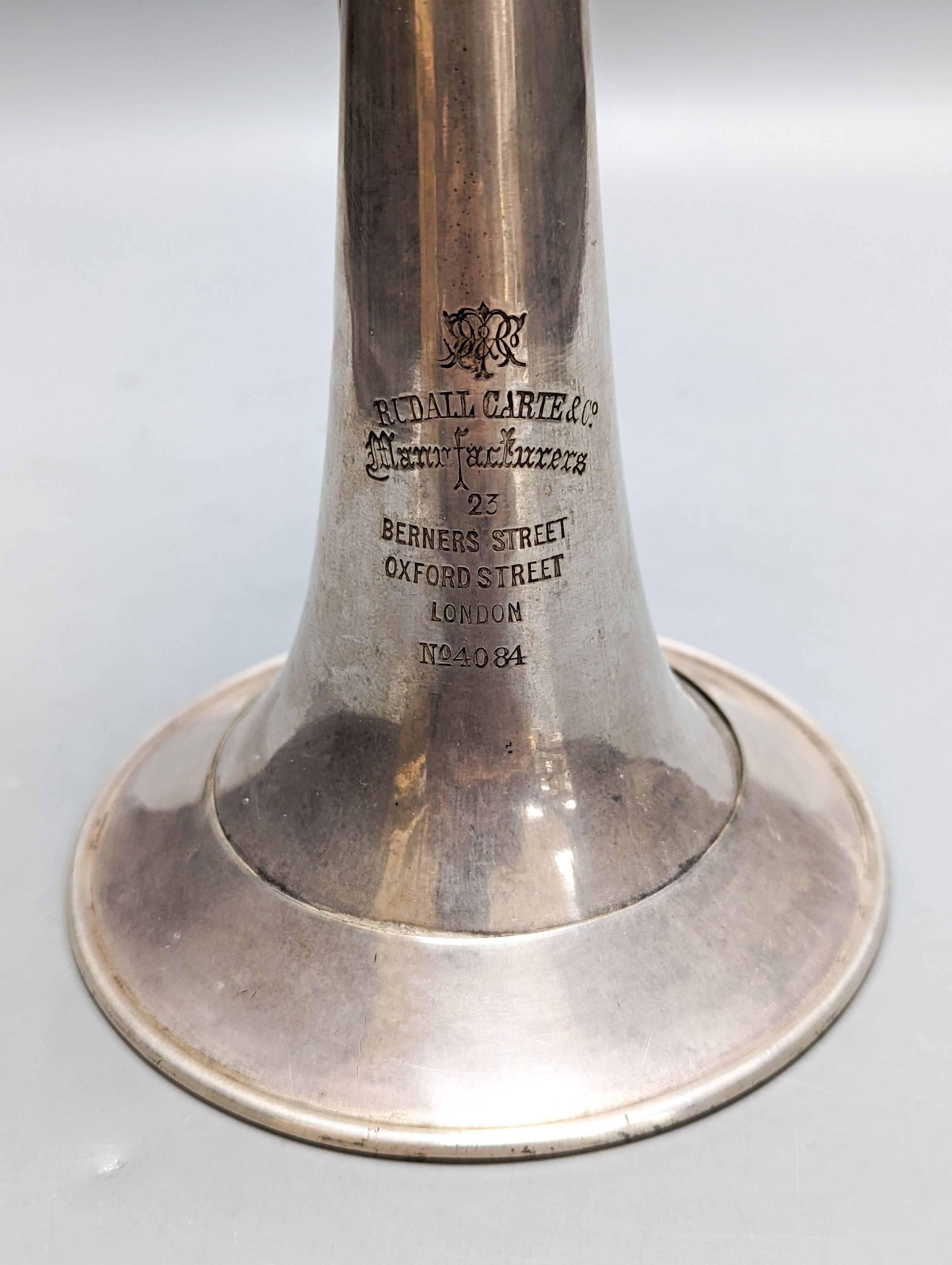 A Rudall Carte & Co manufacturers 23 Berners Street Oxford Street London No.4084 military bugle or cavalry trumpet, 43cm